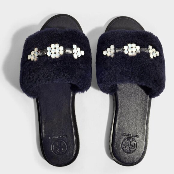 Tory Burch Aspen Embellished Shearling Slides - Picture 1 of 8